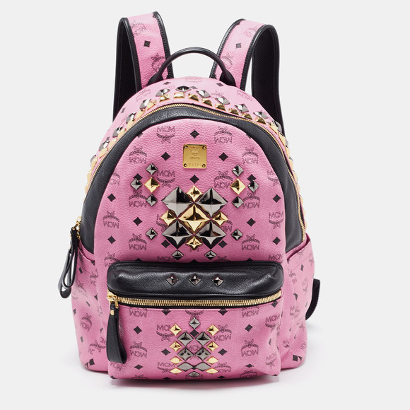 MCM Black/Pink Visetos Leather Large Studded Stark Backpack